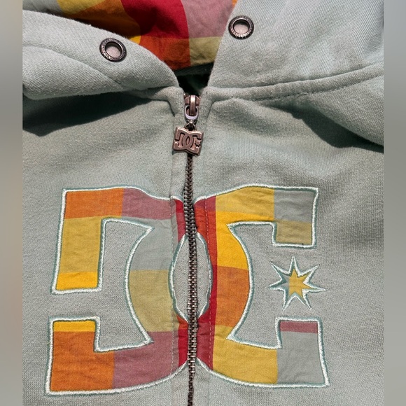 VINTAGE Y2K DC SHOES women's pale blue zip-up hoodie with plaid design, size L. - Picture 3 of 5